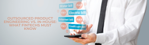 Businessman in a white shirt holding a smartphone with holographic payment reminders for water, electric, internet, and credit card bills,