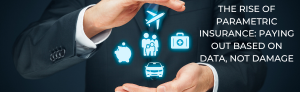 "Business professional holding holographic insurance icons, including family, travel, car, health, and savings, symbolizing modern parametric insurance driven by data rather than physical damage assessments."