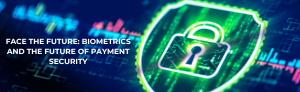 Biometric payment security with digital lock and shield graphic.