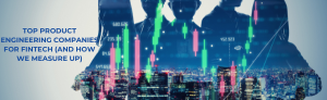 Fintech engineers with digital charts and city skyline.