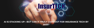 "AI in InsurTech concept with a hand pointing at digital interface, highlighting the future of insurance technology and ROI by 2025."