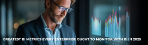 Professional reviewing BI dashboards with key metrics.