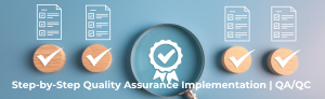 Quality assurance icons with checkmarks and a magnifying glass.