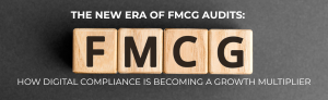 Wooden blocks spell FMCG, with text about digital compliance and growth.